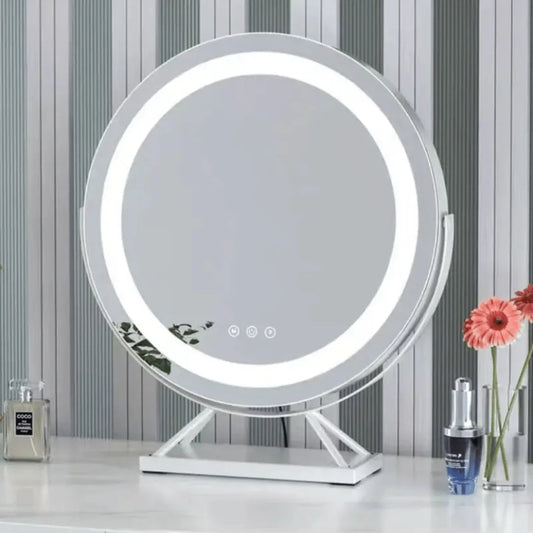 Portable Rechargeable 50cm Round Vanity Makeup Mirror with Adjustable LED Lights - White