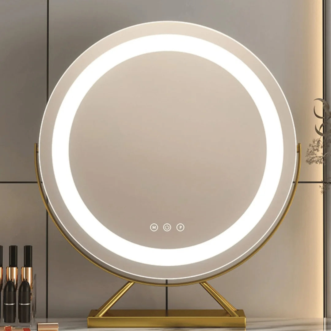 Portable Rechargeable 50cm Round Vanity Makeup Mirror with Adjustable LED Lights - Gold