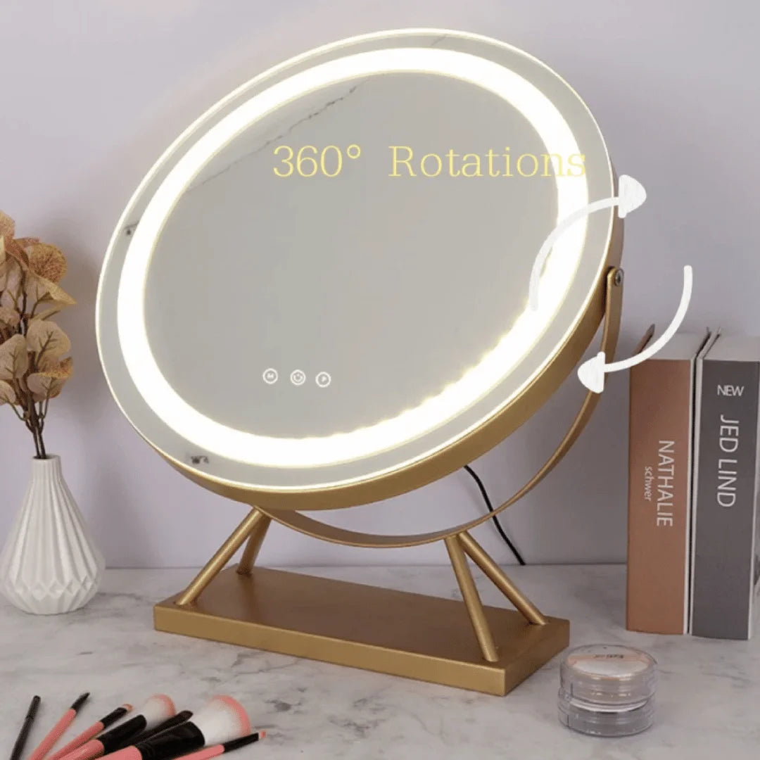 Portable Rechargeable 50cm Round Vanity Makeup Mirror with Adjustable LED Lights - Gold