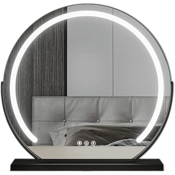 Large 24” Round Makeup Vanity Mirror – LED Strip Lighting, 3 Color Modes, 360° Rotation, and Adjustable Brightness for Dressing Tables, Black